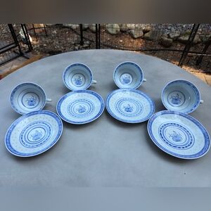 Set Of 4 Rice And Flower Pattern Handpainted Vintage Teacups And Saucers